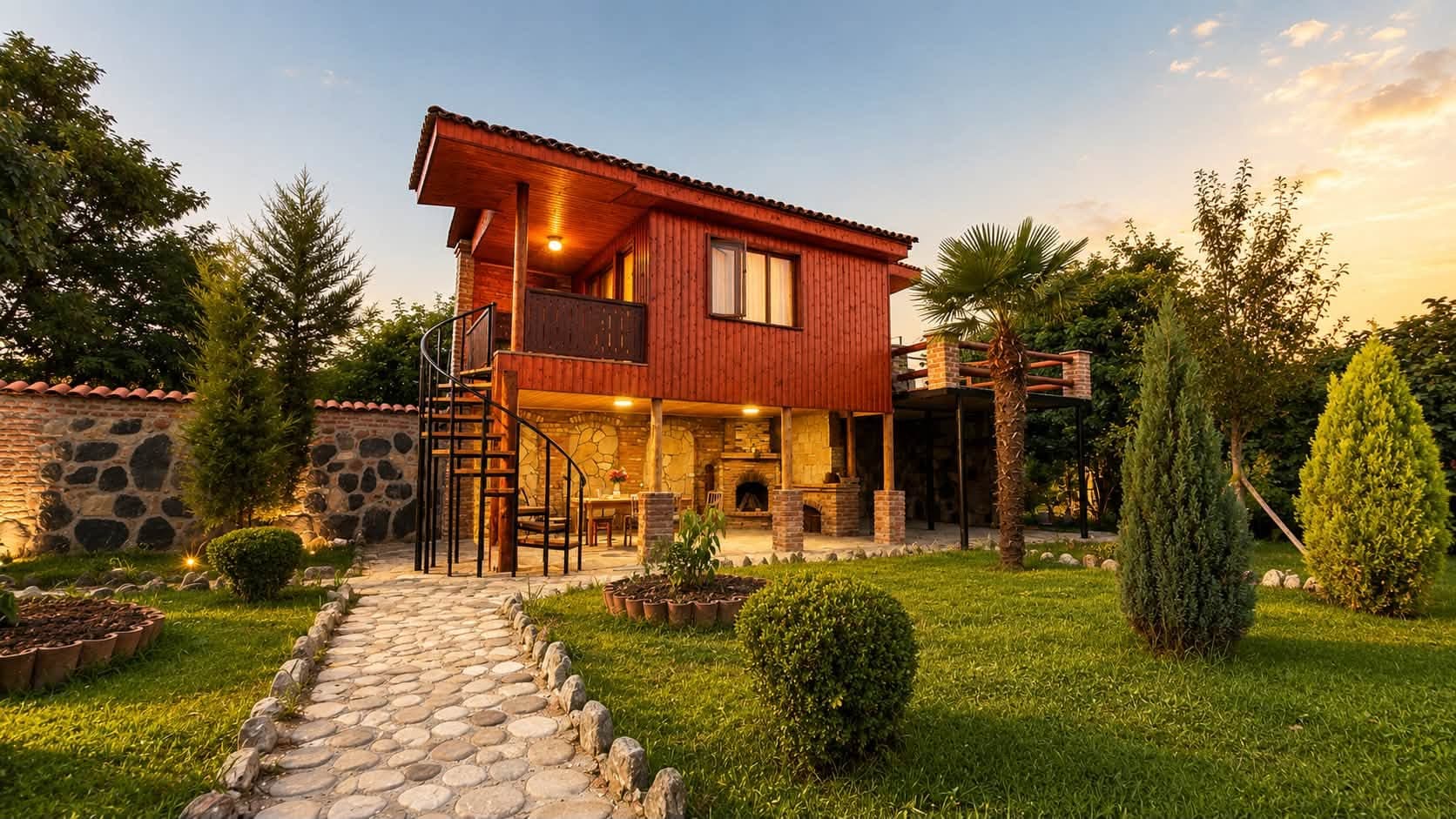 წითელი ხის კოტეჯი სპირალური კიბით და ქვემოთ ბუხრიანი სასადილო სივრცე